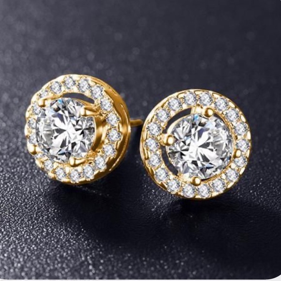 💛Yellow Gold plated halo earrings - Picture 2 of 4